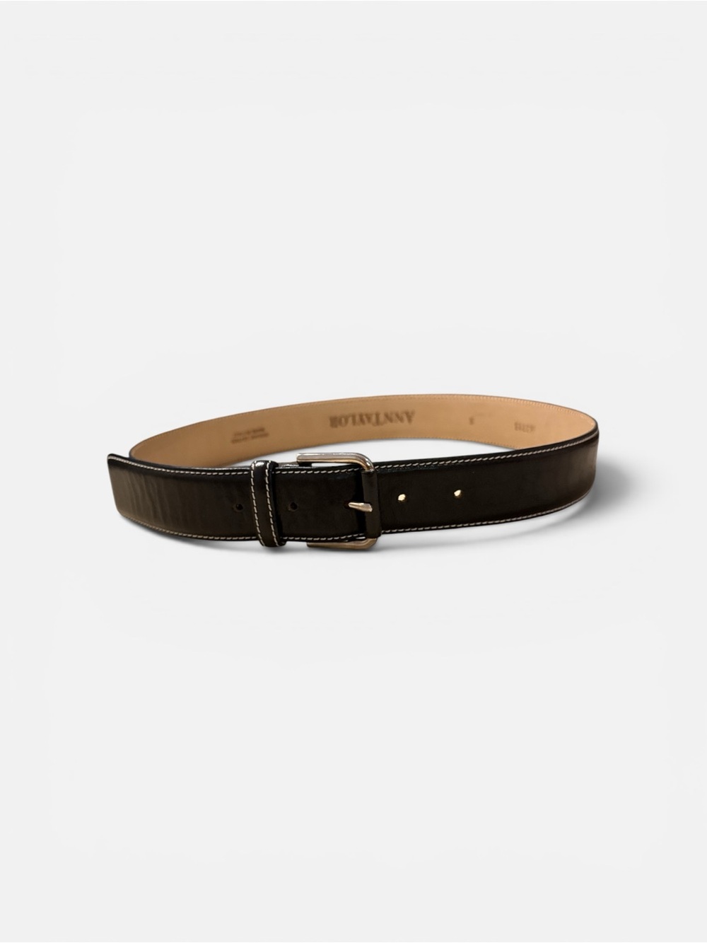Ann Taylor Black Leather Belt with White Contrast Stitching